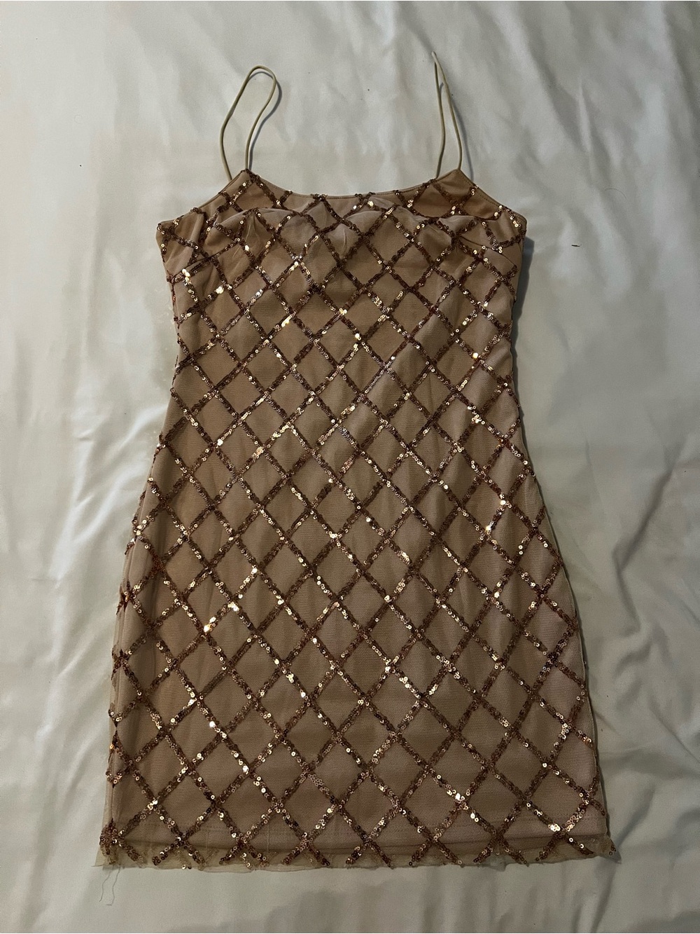 Showpo Rose Gold Sequin Diamond Mesh Mini Dress
